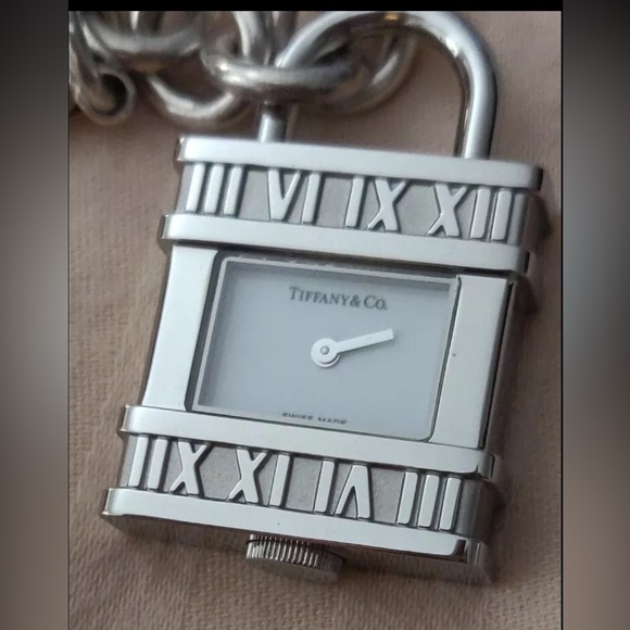 Like-NEW!Tiffany & Co Atlas Lock Swiss Watch Charm Link Bracelet Sterling Silver - Picture 4 of 9